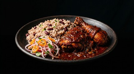Fototapeta premium Belizean Stewed Chicken with Rice and Beans Dark Moody Caribbean Home Cooking Food Photography