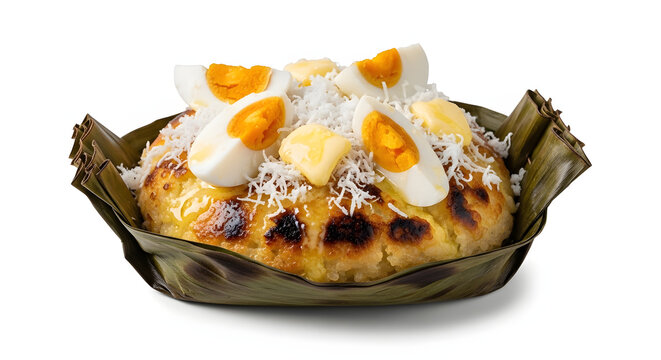 Authentic Filipino Bibingka, a baked rice cake topped with salted egg and coconut, isolated on a white background