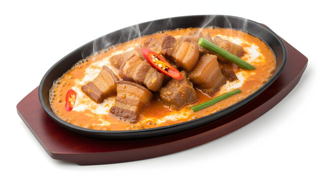 Authentic Filipino Bicol Express, a spicy pork stew with coconut milk and chili peppers, isolated on a white background