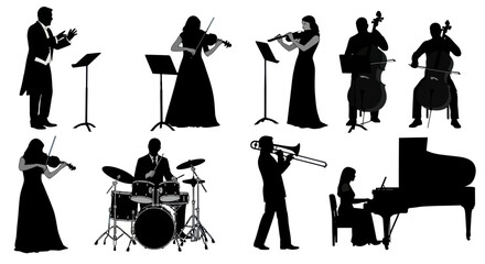 Orchestra Silhouettes: Musicians Playing Instruments, Conductor, Piano, Drums © Azis