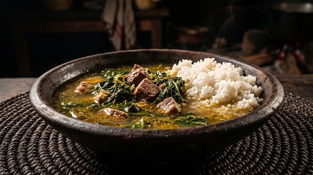 Malagasy Romazava Beef and Greens Stew Dark Moody Madagascar Heritage Food Photography