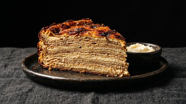 Kosovar Flija Layered Crepe Cake Dark Moody Balkan Heritage Baked Food Photography