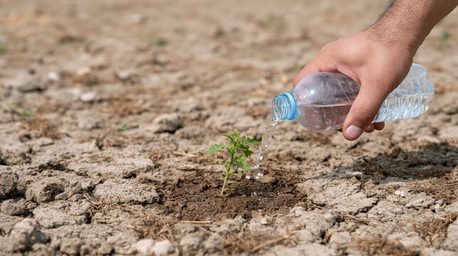 Human hand pouring water from a bottle onto a fragile green seedling growing in parched cracked soil.