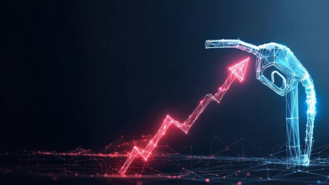 An abstract visual narrative depicts a fuel pump superimposed upon a rising arrow, symbolizing the escalating costs of energy.  ..Created with Generative AI, not depicting real subjects.