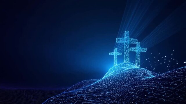 Three illuminated crosses stand atop a gently undulating hill against a deep blue backdrop, illuminated by divine light. ..Created with Generative AI, not depicting real subjects.