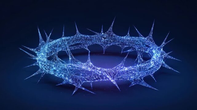 A detailed crown of thorns, a symbol of suffering and sacrifice, floats in the shadows of the cross, its radiant form a beacon of faith, hope. Created with Generative AI, not depicting real subjects.