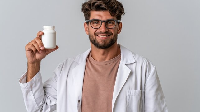 Doctor in a white lab coat holds a white pill bottle mockup and points to the label with a professional expression.