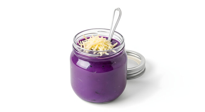 Authentic Filipino Ube Halaya, a rich purple yam jam with cheese shavings in a jar, isolated on a white background