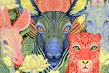 Fototapeta premium Vibrant Psychedelic Jungle Animal Portraits with Colorful Patterns and