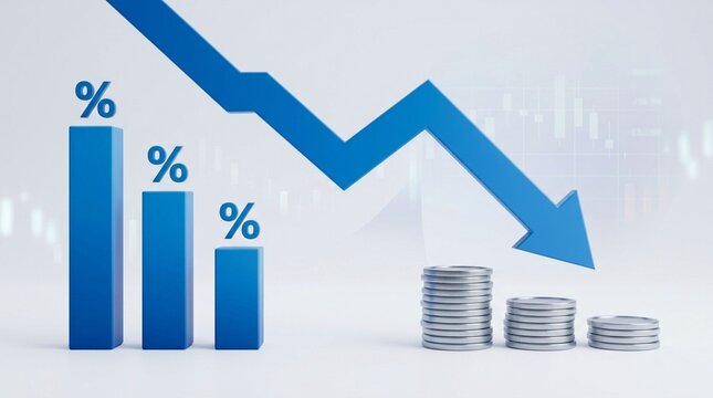 Falling blue arrow with percentage signs on bar charts and coin stacks representing inflation and financial loss