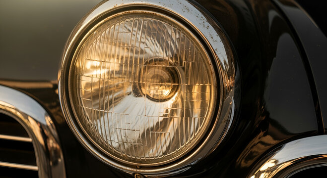 Close up of a vintage round chrome headlight with a clear glass lens and metallic frame