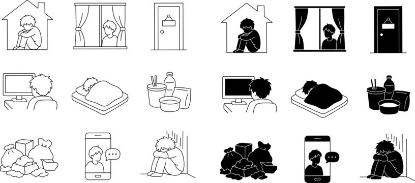Hikikomori person icons collection. Social isolation and withdrawal vector set in outline and silhouette style