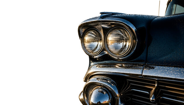 Close-up of a vintage classic car front grille and round chrome headlights