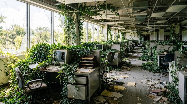Abandoned office interior overgrown with wild ivy plants and broken glass