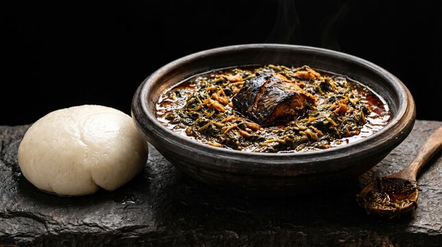 Cameroonian Eru Vegetable Stew with Fufu Dark Moody Central African Heritage Food Photography