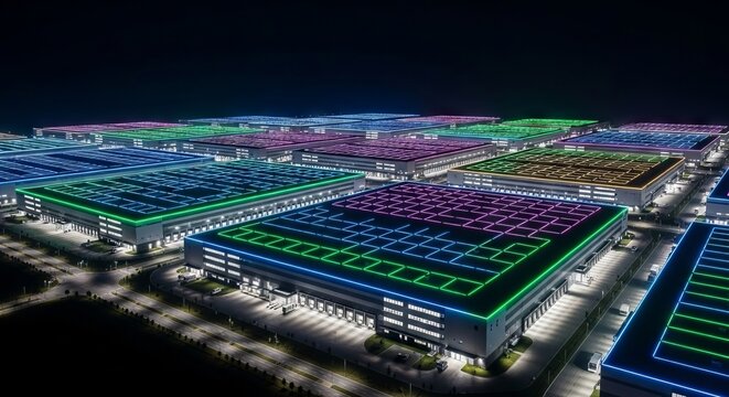 A wide drone view of a modern logistics complex at night, featuring glowing neon grid lines across rooftops and roads for smart automation, complex, electricity, transport