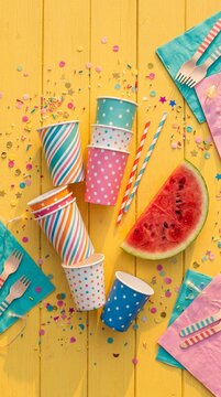 A cheerful arrangement of party supplies featuring colorful paper cups and a juicy watermelon slice, creating a joyful, festive scene.