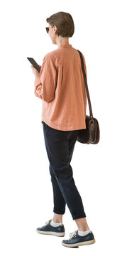 Full length portrait of a young woman walking and using phone isolated transparent PNG, student girl full body photo PNG with transparent background precisely cut out with clipping path.