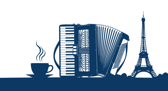 Parisian Cafe Scene: Accordion, Coffee Cup, Eiffel Tower Silhouette