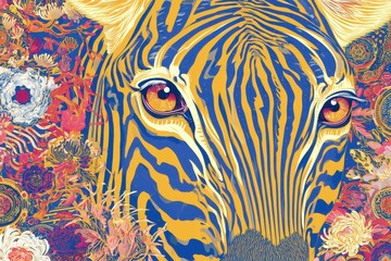 Fototapeta premium Vibrant Artistic Zebra Portrait with Colorful Floral Background and Ps