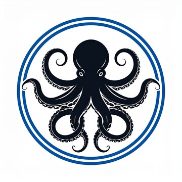 Black octopus icon with eight curly tentacles in circle shape