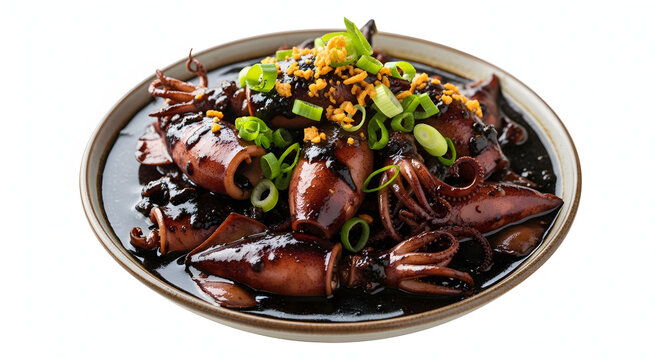 Traditional Filipino Adobong Pusit, a flavorful dish of squid cooked in soy sauce and its own black ink, isolated on white