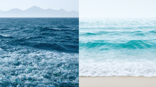 Plastic waste ocean vs clean beach water, environmental awareness, sstkgreen