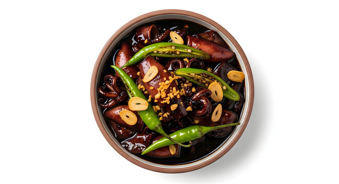 Traditional Filipino Adobong Pusit, a flavorful dish of squid cooked in soy sauce and its own black ink, isolated on white