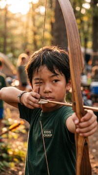 A young archer, embodying focus and precision, takes aim with a bow, poised against a backdrop of sun-dappled trees.