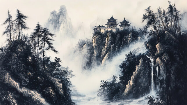 Chinese ink wash landscape grand mountain scene ancient temple on mountain top steep cliffs tall pines lush vegetation foreground stream flows into distant waterfall depth layers harmonious colors del