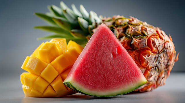 Assorted fresh fruits including whole pineapple, sliced mango cubes, and watermelon wedge arranged neatly on a neutral gray background