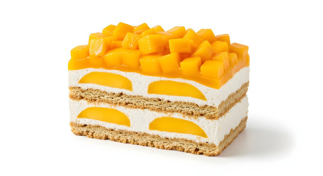 Traditional Filipino Mango Float, a layered refrigerator cake with ripe mangoes, graham crackers, and cream, isolated on white