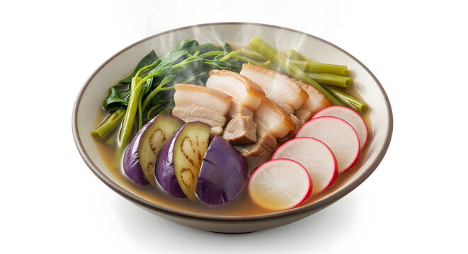 Traditional Filipino Pork Sinigang, a savory tamarind sour soup with fresh vegetables, isolated on a white background