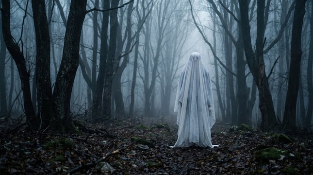 Eerie ghost figure in a dark foggy forest supernatural silhouette mysterious unexplained paranormal apparition