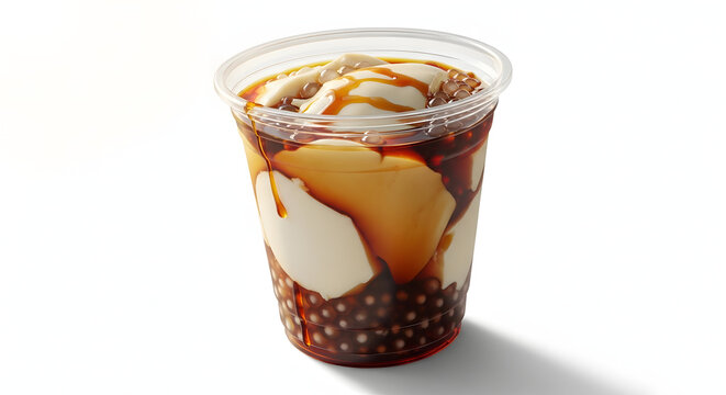 Traditional Filipino Taho dessert featuring silken tofu, sago pearls, and brown sugar syrup, isolated on a white background