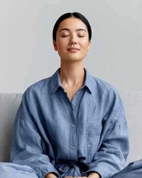 Woman practicing mindful breathing with eyes closed in living room, peaceful self-regulation moment, sstkHealth