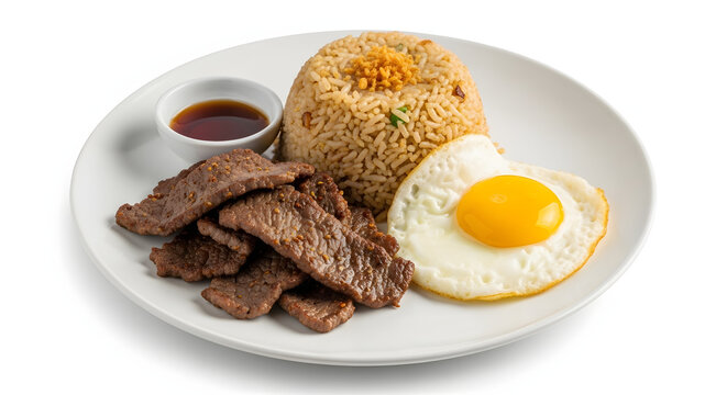 Traditional Filipino Tapsilog breakfast of beef tapa, garlic rice, and a fried egg, isolated on a white background
