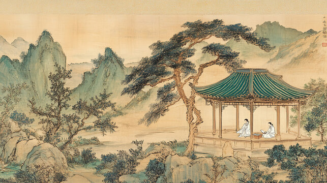 Chinese landscape painting people resting under tree delicate strokes gentle elegant colors rolling hills soft green blue ancient pavilion in trees foreground scholar in white by river reading book tr