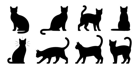 Cat silhouette collection in various poses, black vector icons isolated on white background, Perfect for logos, decals, apparel design. Elegant, sleek feline figures showcasing minimalist modern art. © Gerish