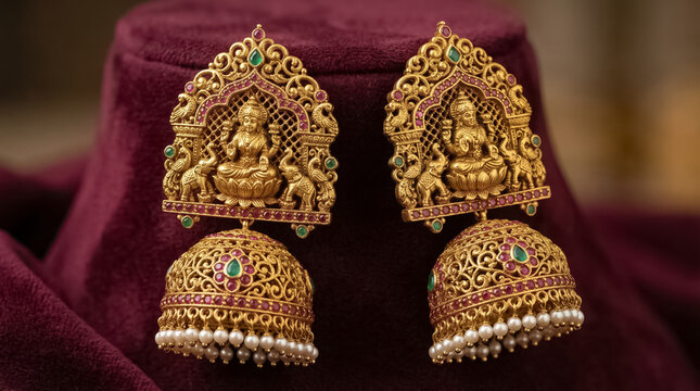 Exquisite gold jhumka earrings featuring intricate Lakshmi motifs adorned with rubies and emeralds