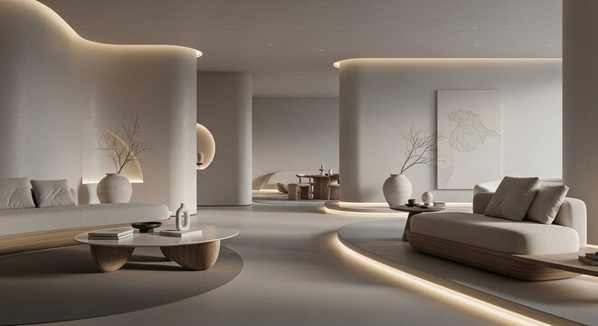 A comfortable and luxurious modern living room interior featuring contemporary furniture, a stylish sofa, and an elegant table in a beautifully designed bright apartment home