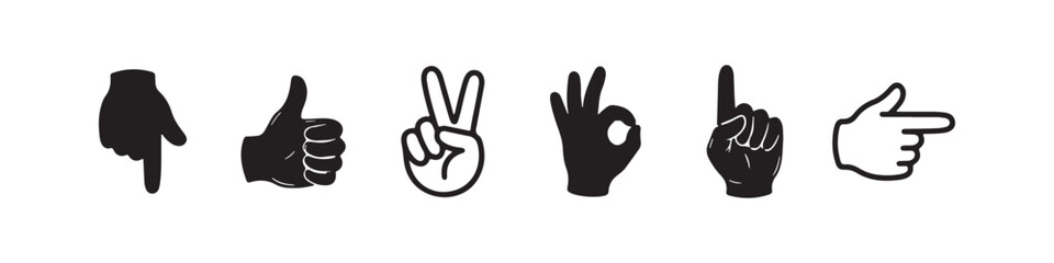 Fototapeta premium Vector icons of various hand gestures in a solid black silhouette and bold outline style. The set includes a pointing finger, an OK sign, a peace/victory sign, a thumbs up, a pointing hand, and a hand