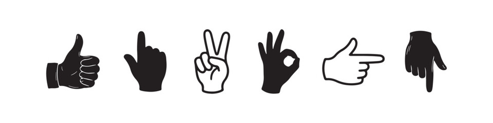 Fototapeta premium Vector icons of various hand gestures in a solid black silhouette and bold outline style. The set includes a pointing finger, an OK sign, a peace/victory sign, a thumbs up, a pointing hand, and a hand