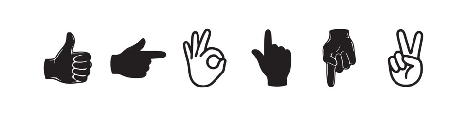 Fototapeta premium Vector icons of various hand gestures in a solid black silhouette and bold outline style. The set includes a pointing finger, an OK sign, a peace/victory sign, a thumbs up, a pointing hand, and a hand