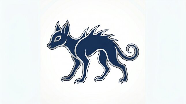 Stylized Dark Blue Feline Mythical Creature with Sharp Spikes and Curled Tail on White Background
