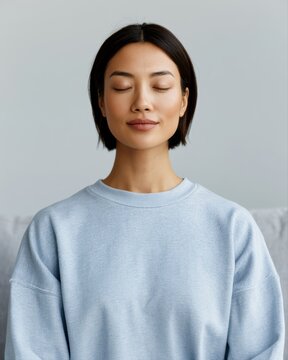 Woman practicing mindful breathing with eyes closed in living room, peaceful self-regulation moment, sstkHealth