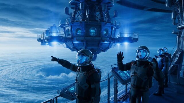 A futuristic crew observes a colossal swirling storm from a hovering space station, exploring an vast alien planet's volatile atmosphere