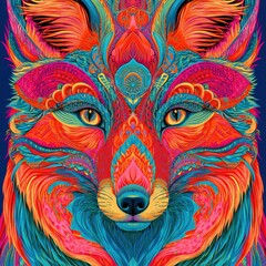 Fototapeta premium Vibrant Psychedelic Fox Portrait with Intricate Mandala Patterns and N