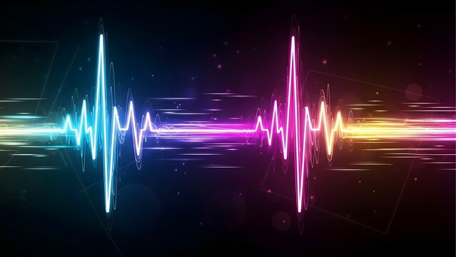 Colorful neon audio sound wave frequency pulse glowing on dark background