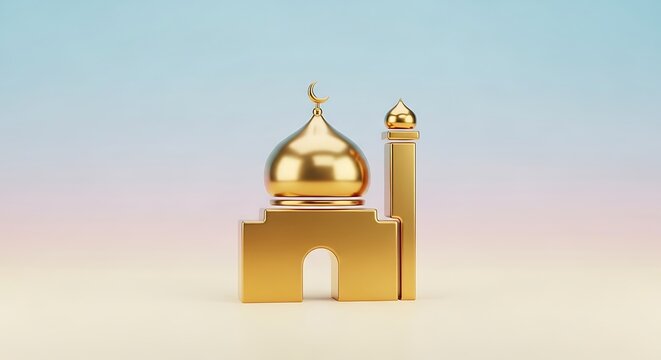 Golden mosque architecture model with crescent moon